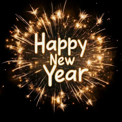 Golden Fireworks Display With Happy New Year Text