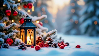 Christmas Lantern With Ornaments In Snowy Forest