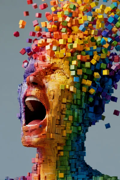 Abstract Human Head Dissolving Into Colorful Digital Cubes