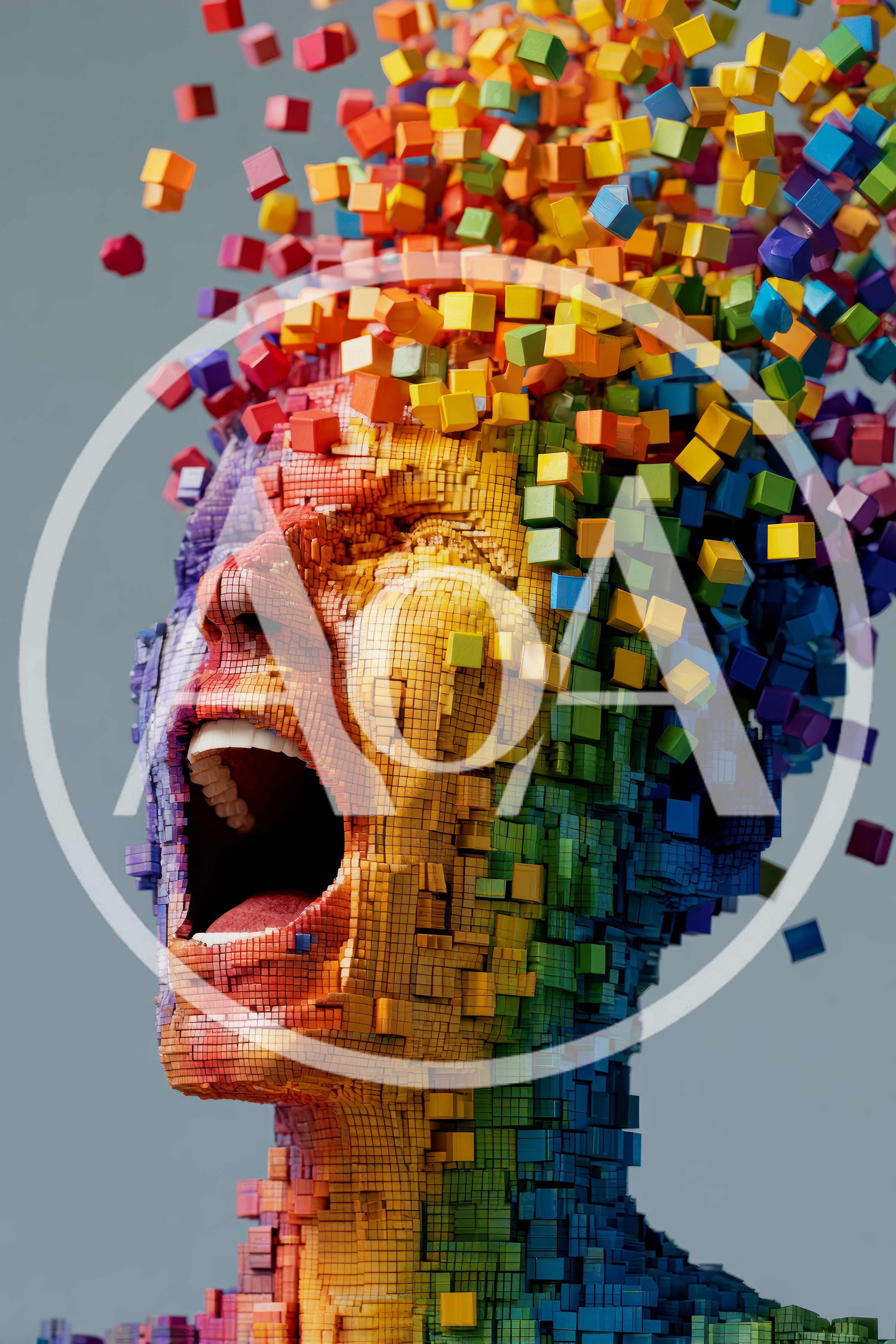 Abstract Human Head Dissolving Into Colorful Digital Cubes