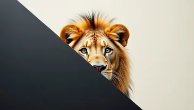 Lion Peeking From Behind A Dark Geometric Shape