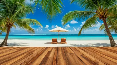 Empty Beach Lounge Chairs Under Umbrella On Tropical Shore