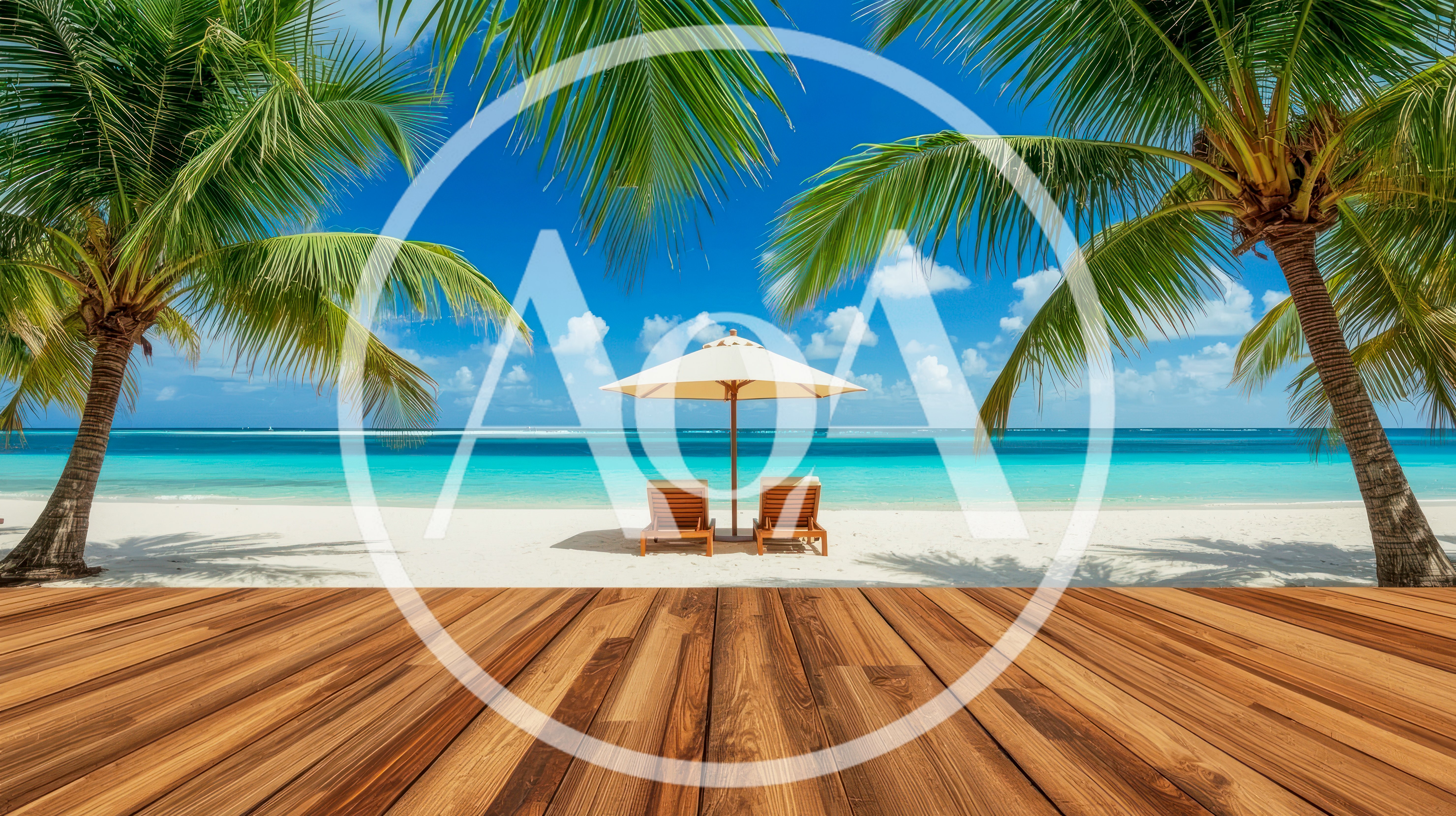 Empty Beach Lounge Chairs Under Umbrella On Tropical Shore