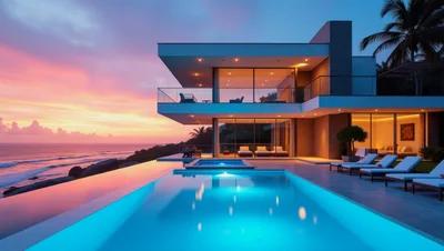 Modern Luxury Villa With Infinity Pool At Sunset