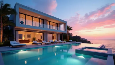Modern Luxury Villa With Infinity Pool At Sunset