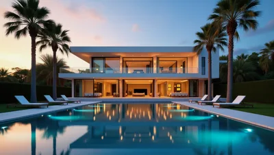 Modern Luxury Villa With Infinity Pool At Sunset