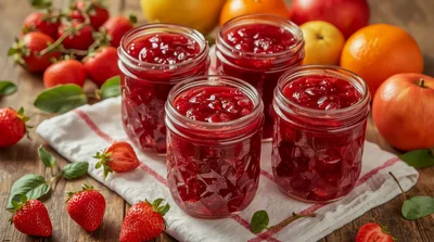 Four Glass Jars Of Homemade Strawberry Jam