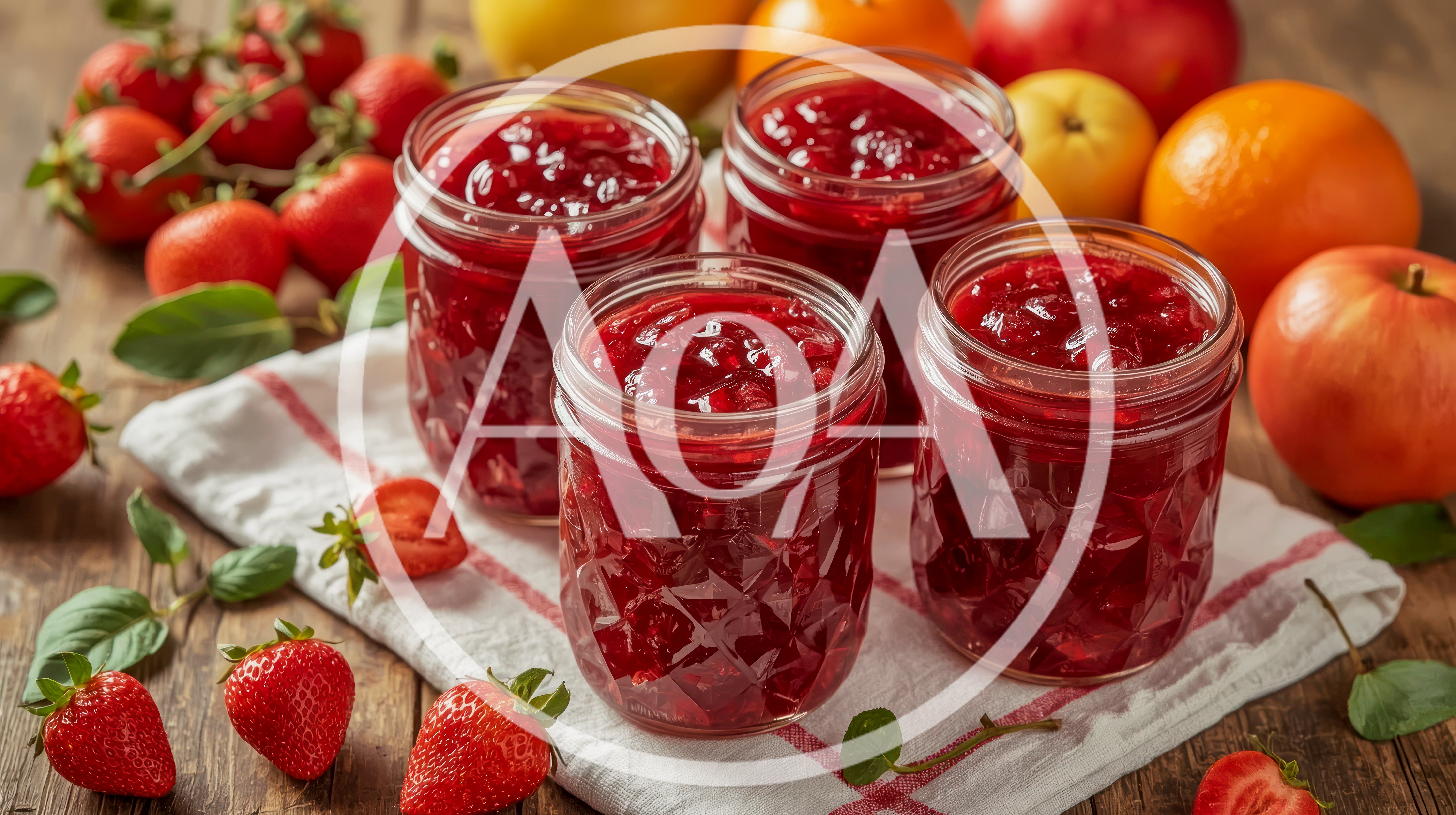 Four Glass Jars Of Homemade Strawberry Jam