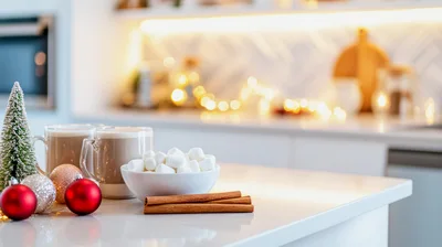 Christmas Hot Cocoa With Marshmallows On Kitchen Counter