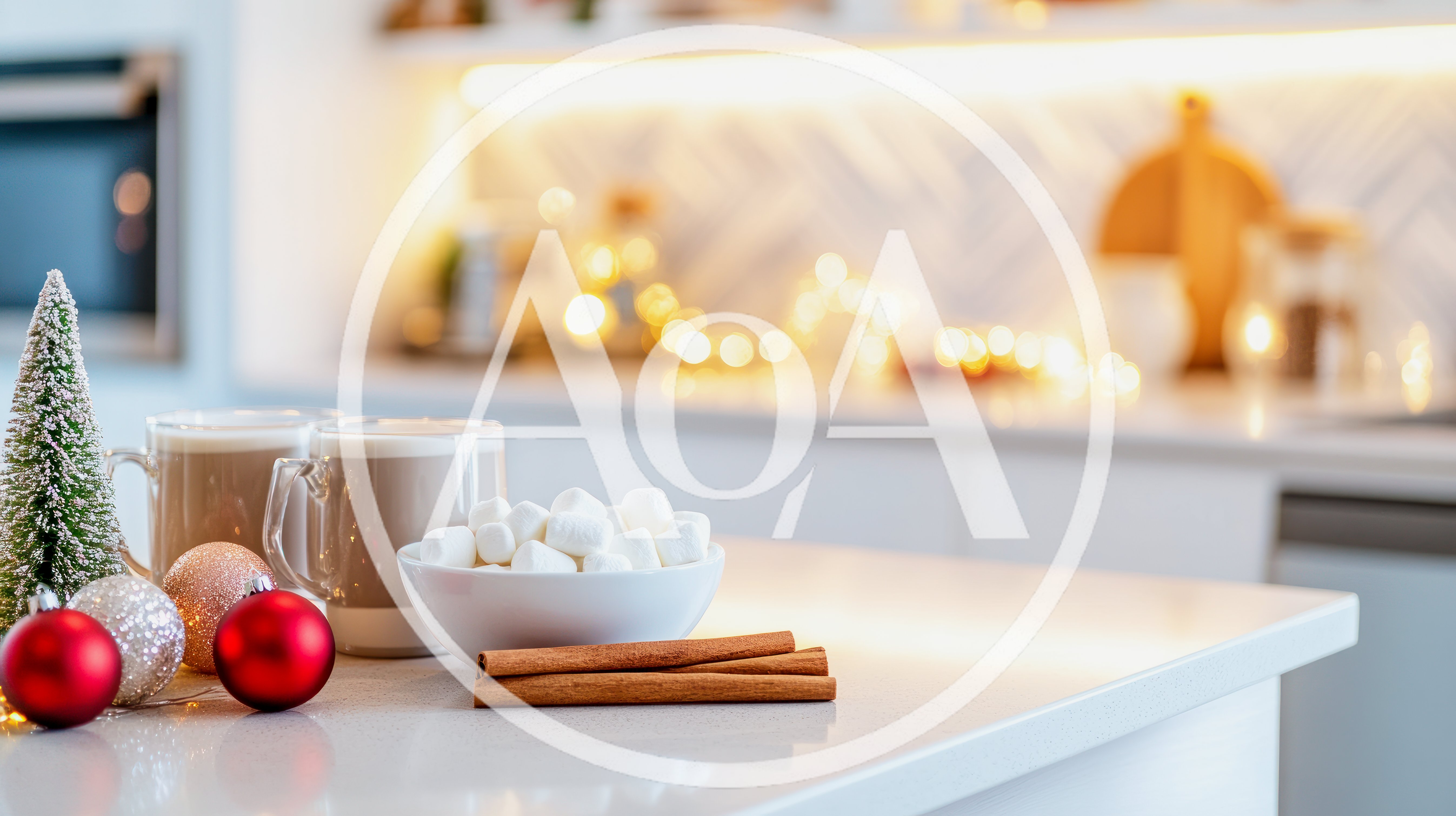 Christmas Hot Cocoa With Marshmallows On Kitchen Counter