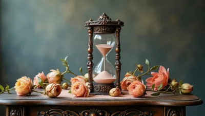 Antique Hourglass With Peach Roses On Wooden Table
