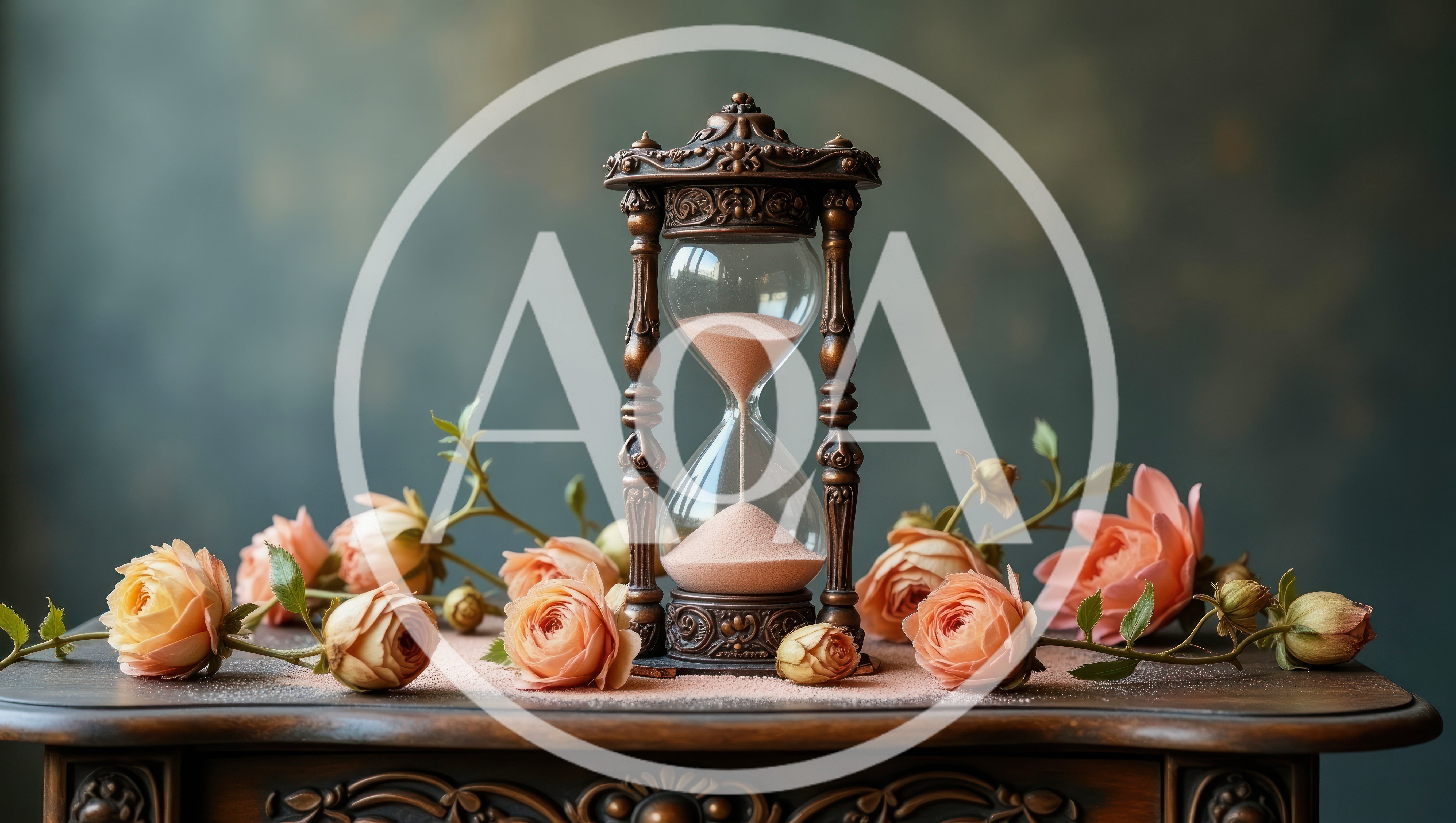Antique Hourglass With Peach Roses On Wooden Table