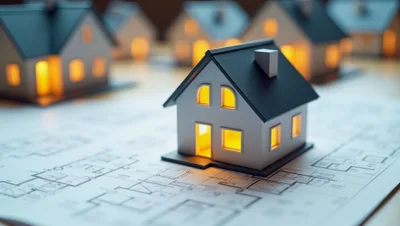 Miniature House Models Placed On Architectural Blueprints