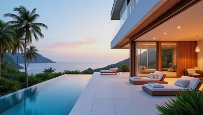 Luxury Modern Villa With Infinity Pool At Sunset