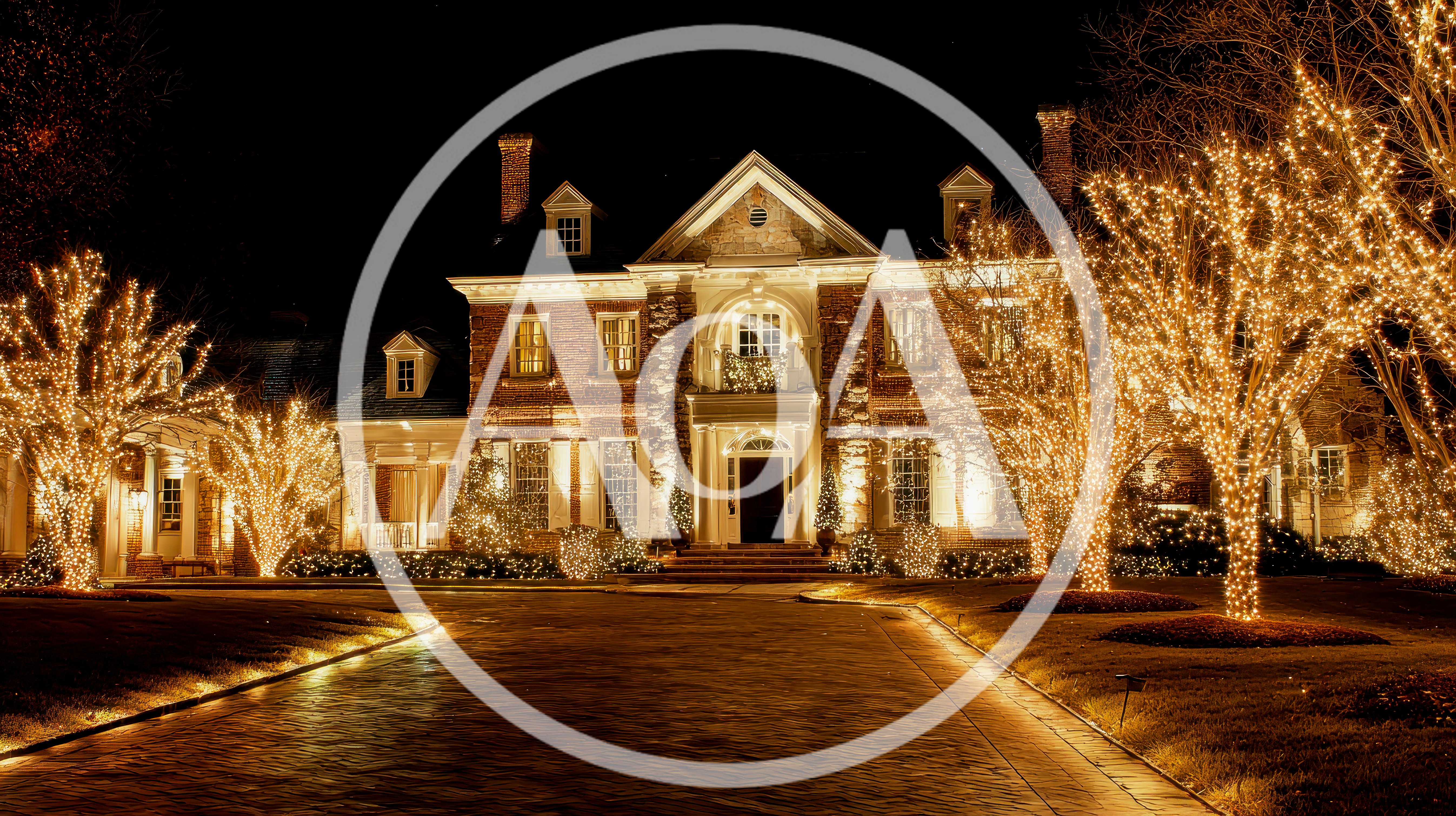 Luxury Mansion Decorated With Christmas Lights At Night