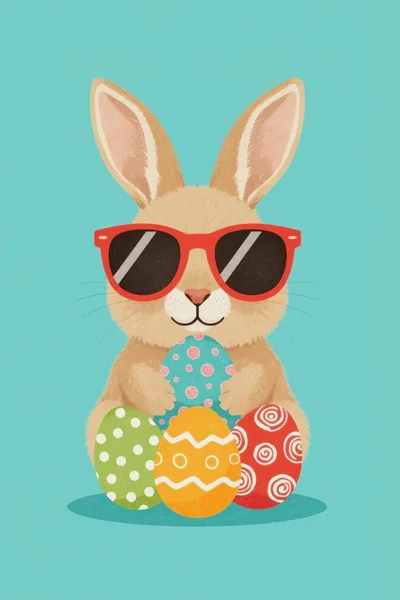 Cute Easter Bunny Wearing Red Sunglasses With Decorated Eggs