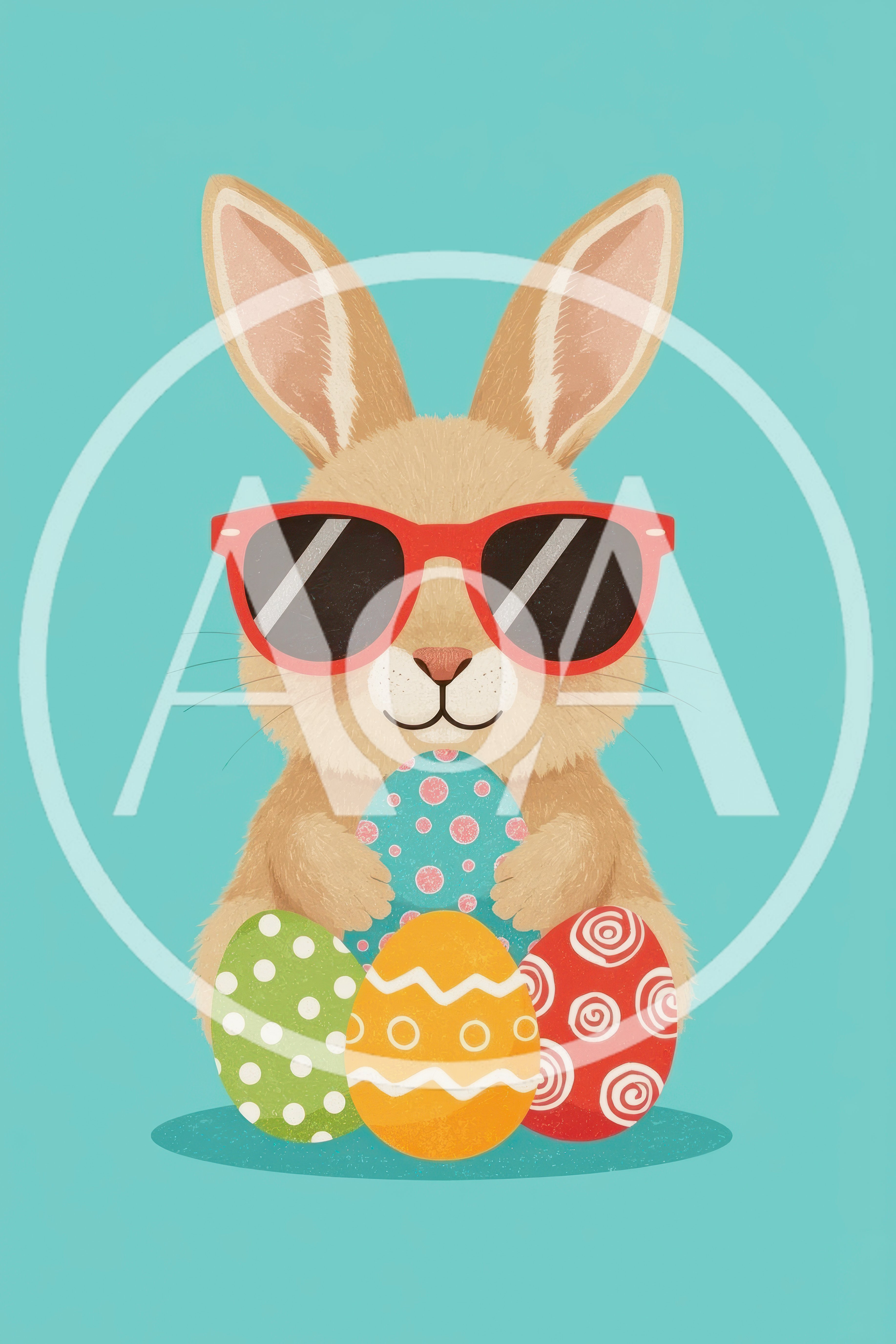 Cute Easter Bunny Wearing Red Sunglasses With Decorated Eggs
