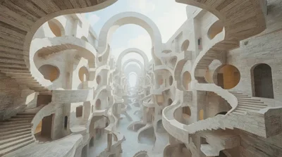 Surreal Architectural Structure With Intricate Staircases And Arches