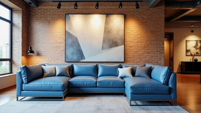 Modern Living Room With Blue Sectional Sofa