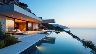 Modern Luxury Villa With Infinity Pool At Sunset