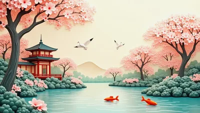 Paper Craft Japanese Garden With Cherry Blossoms