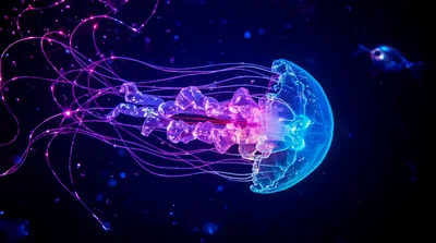 Bioluminescent Jellyfish Swimming In Deep Ocean Waters