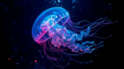 Bioluminescent Jellyfish Floating In Deep Ocean Waters