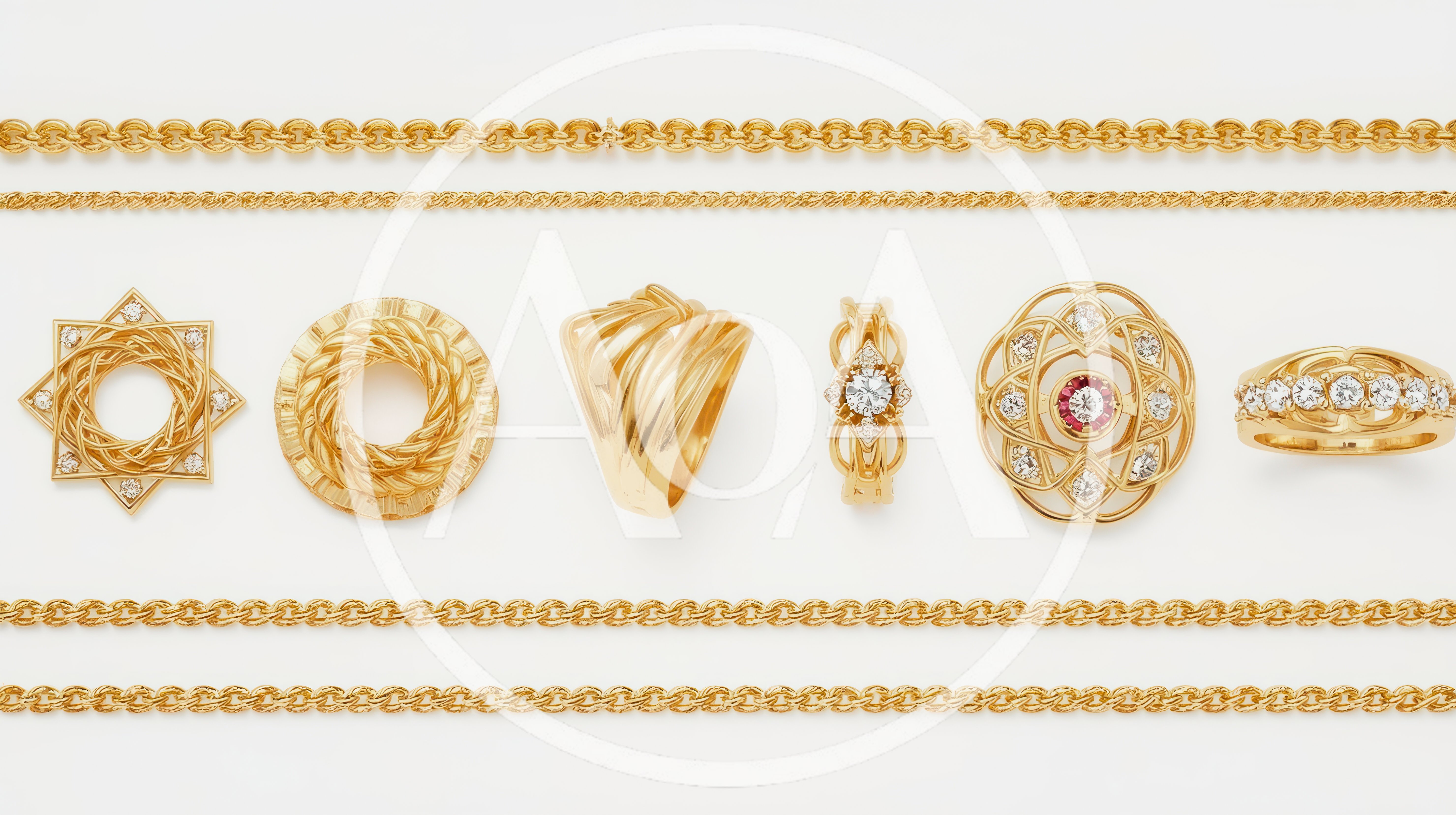 Collection Of Gold Jewelry And Chains On White Background