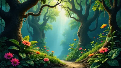 Enchanted Forest Path With Vibrant Flowers