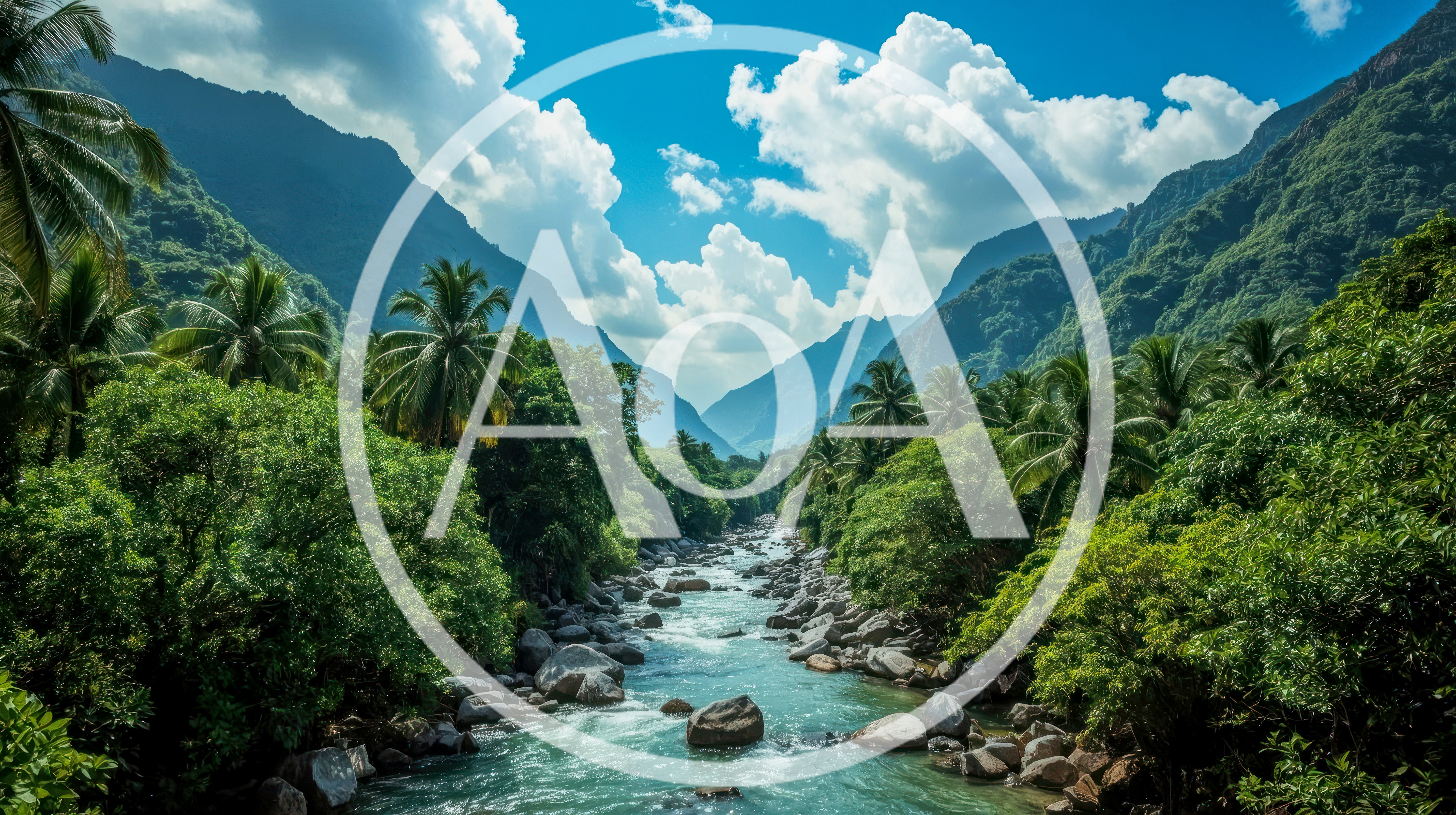 Tropical River Flowing Through Lush Mountain Valley