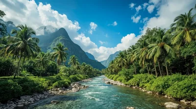Tropical River Flowing Through Lush Mountain Valley