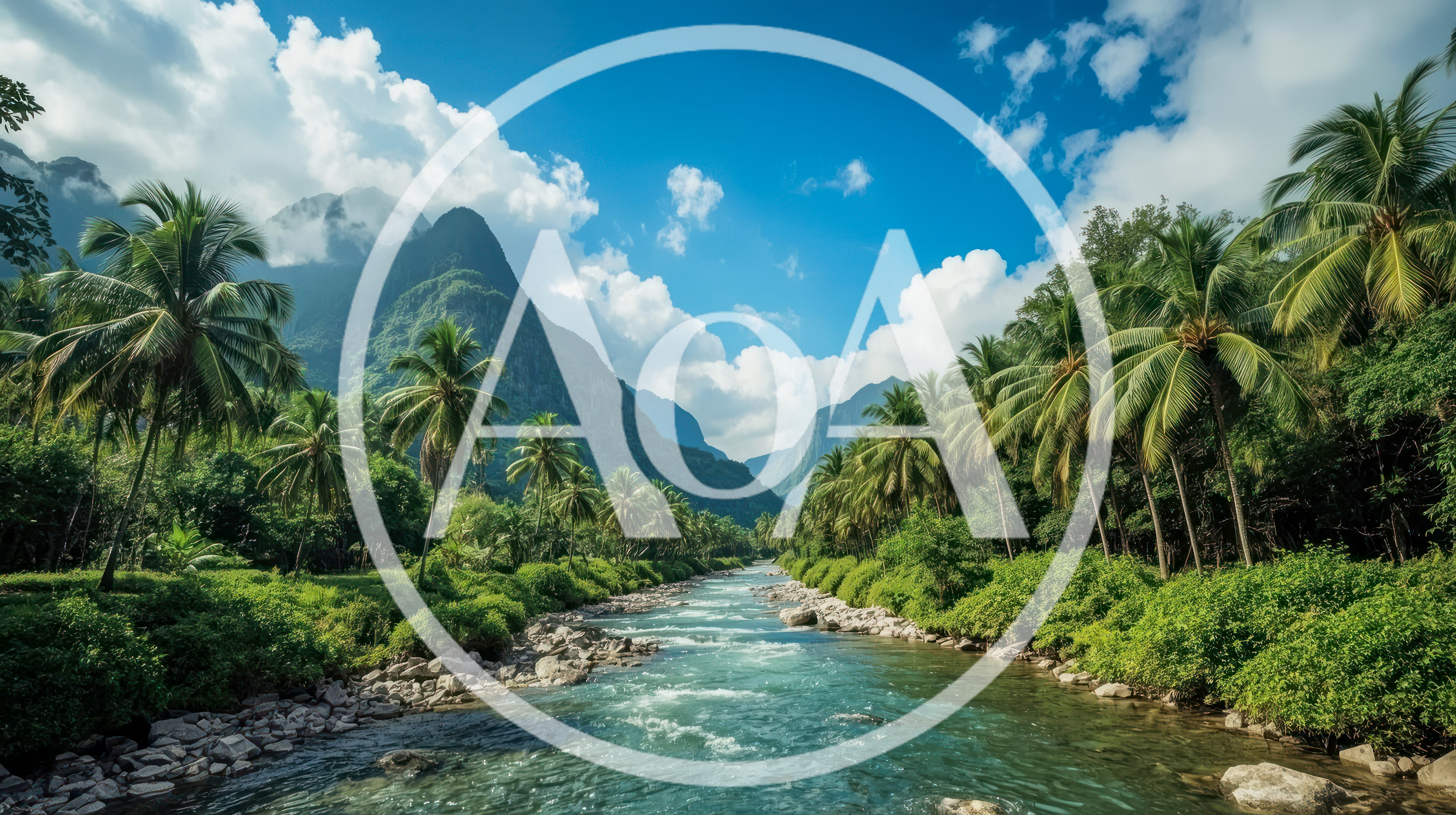 Tropical River Flowing Through Lush Mountain Valley