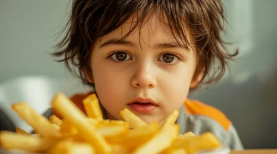 Young Child Looking At A Plate Of French Fries