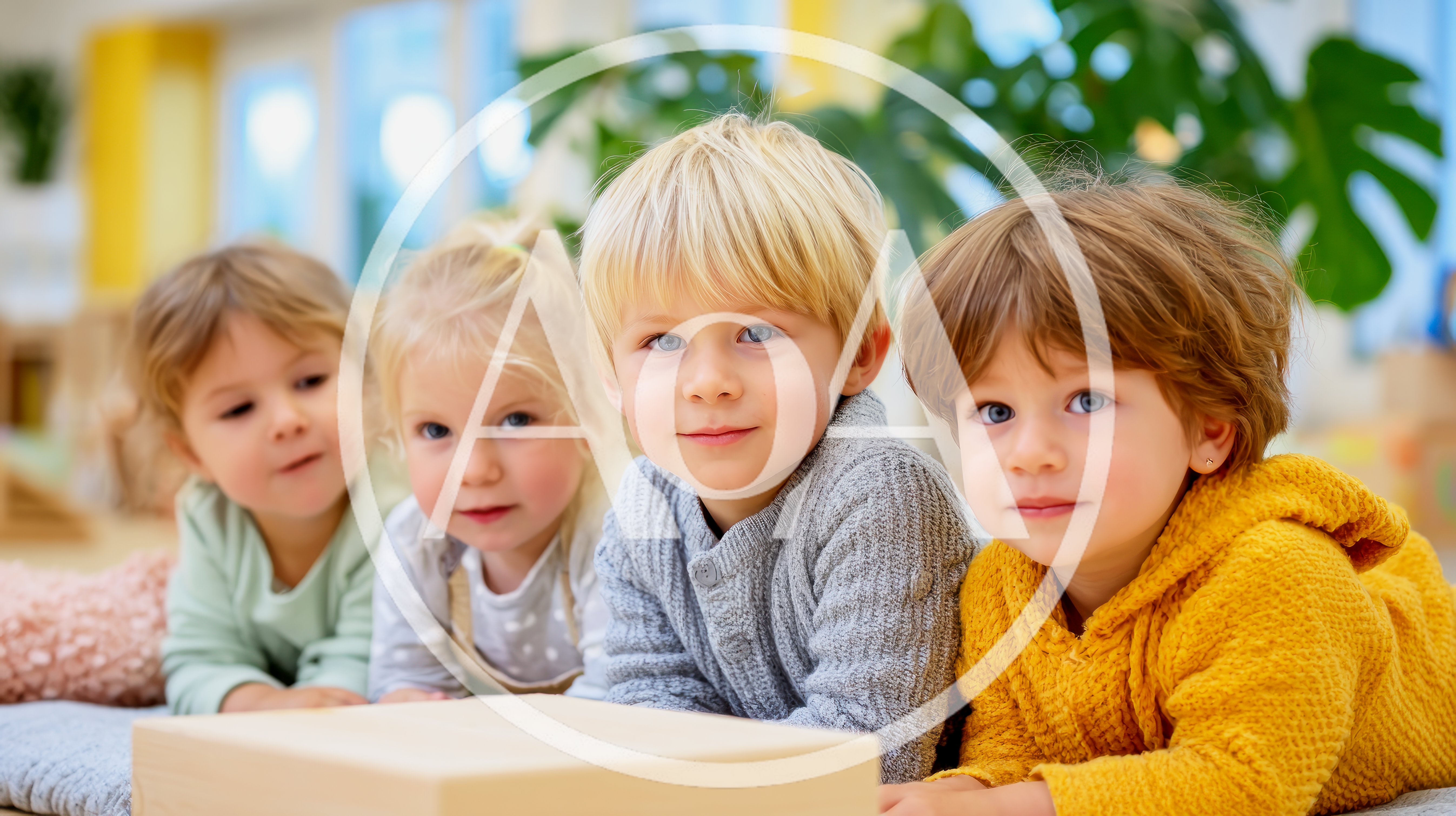 Four Young Children Lying Together On A Classroom Floor