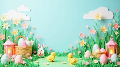 Easter Celebration Scene with Chicks and Decorated Eggs
