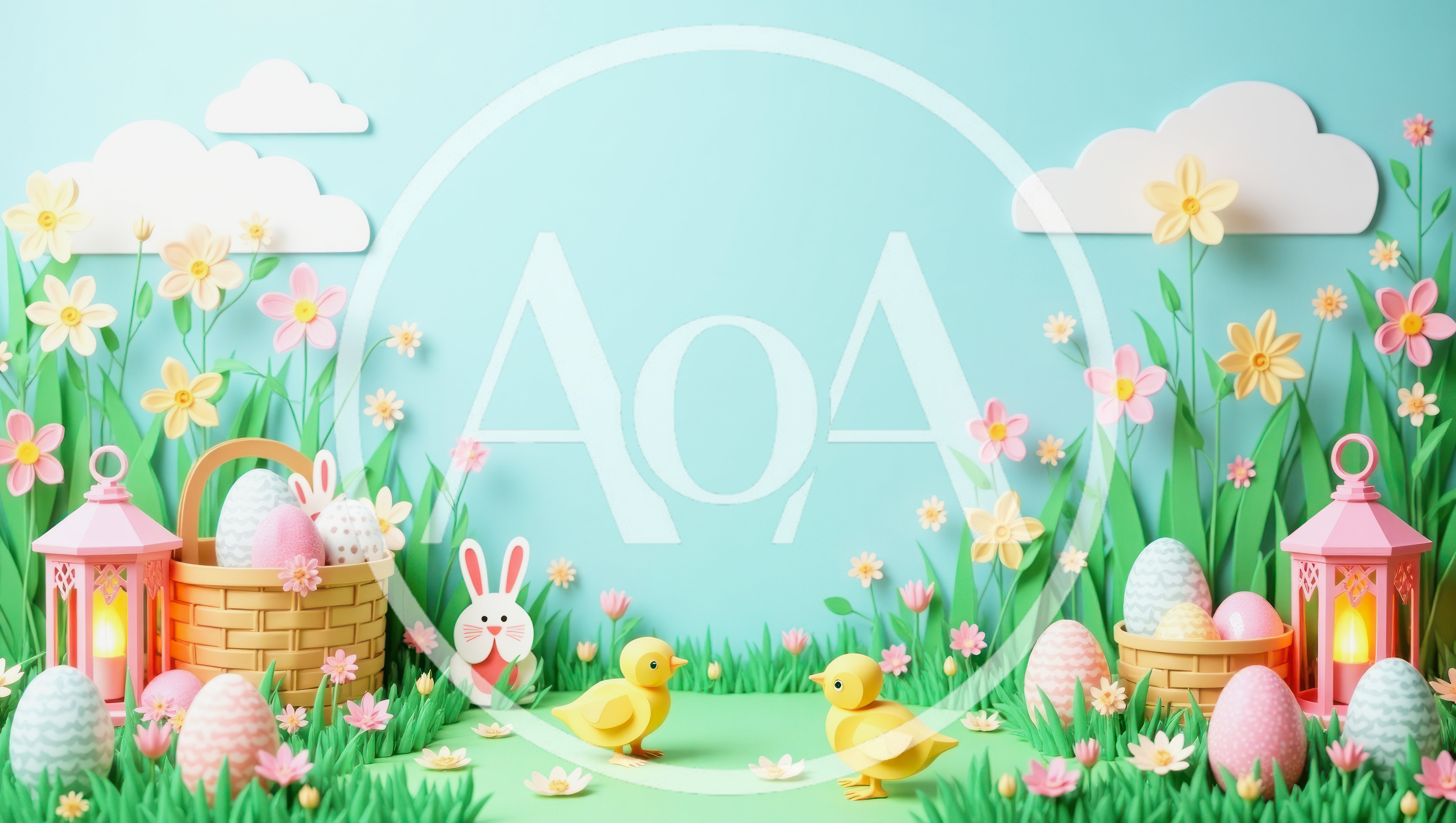 Easter Celebration Scene with Chicks and Decorated Eggs