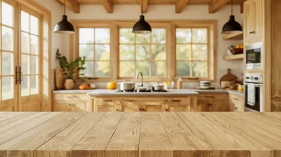 Empty Wooden Table In A Rustic Kitchen Interior