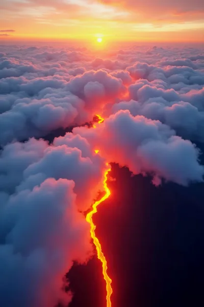 Aerial View Of Glowing Lava Flow Through Clouds