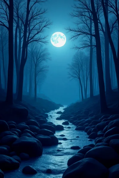 Full Moon Over A Rocky Forest Stream