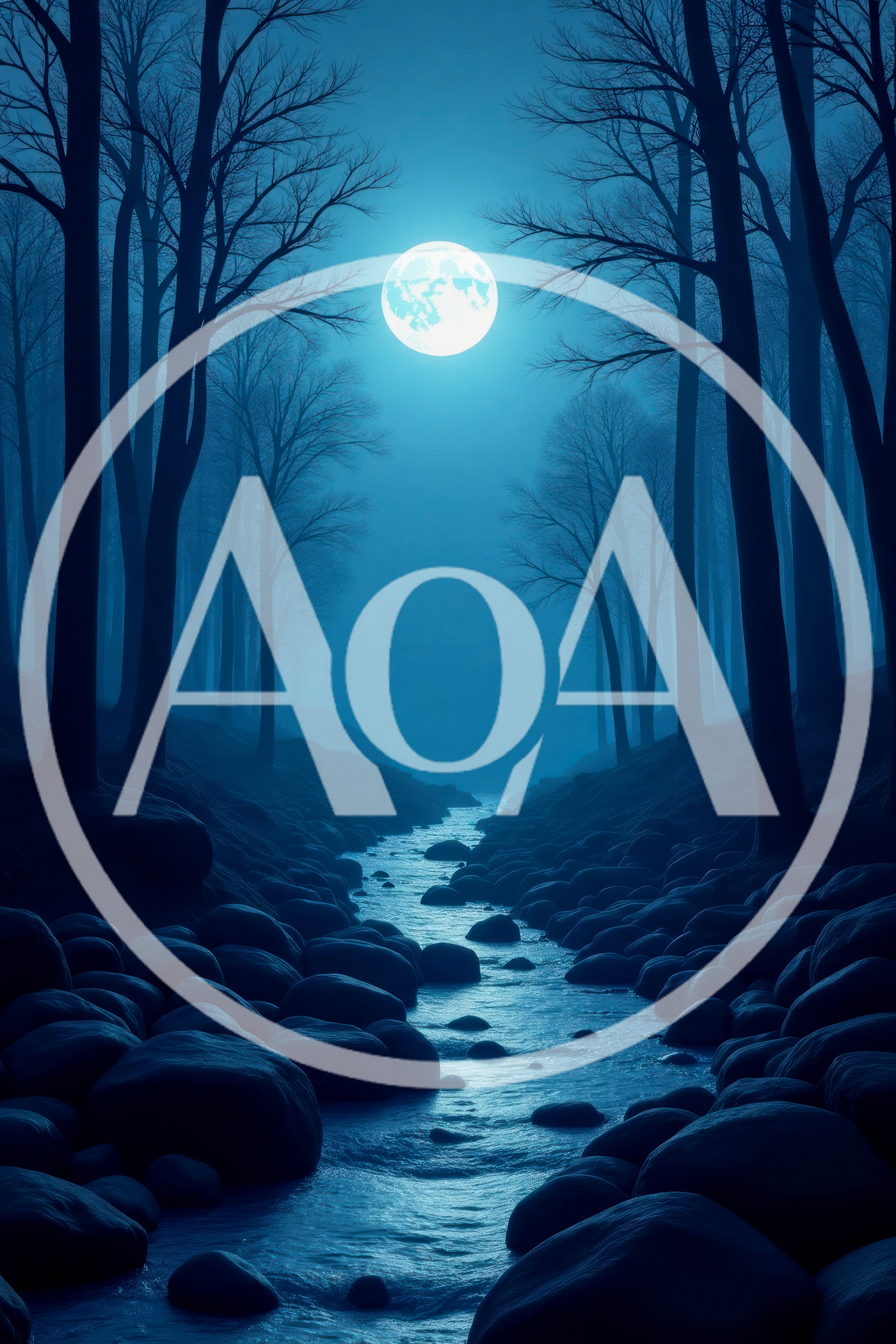 Full Moon Over A Rocky Forest Stream