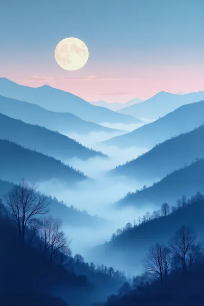 Full Moon Over Misty Blue Mountain Valley