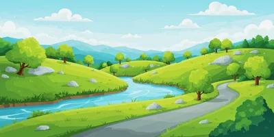 Cartoon Landscape With Winding River And Road