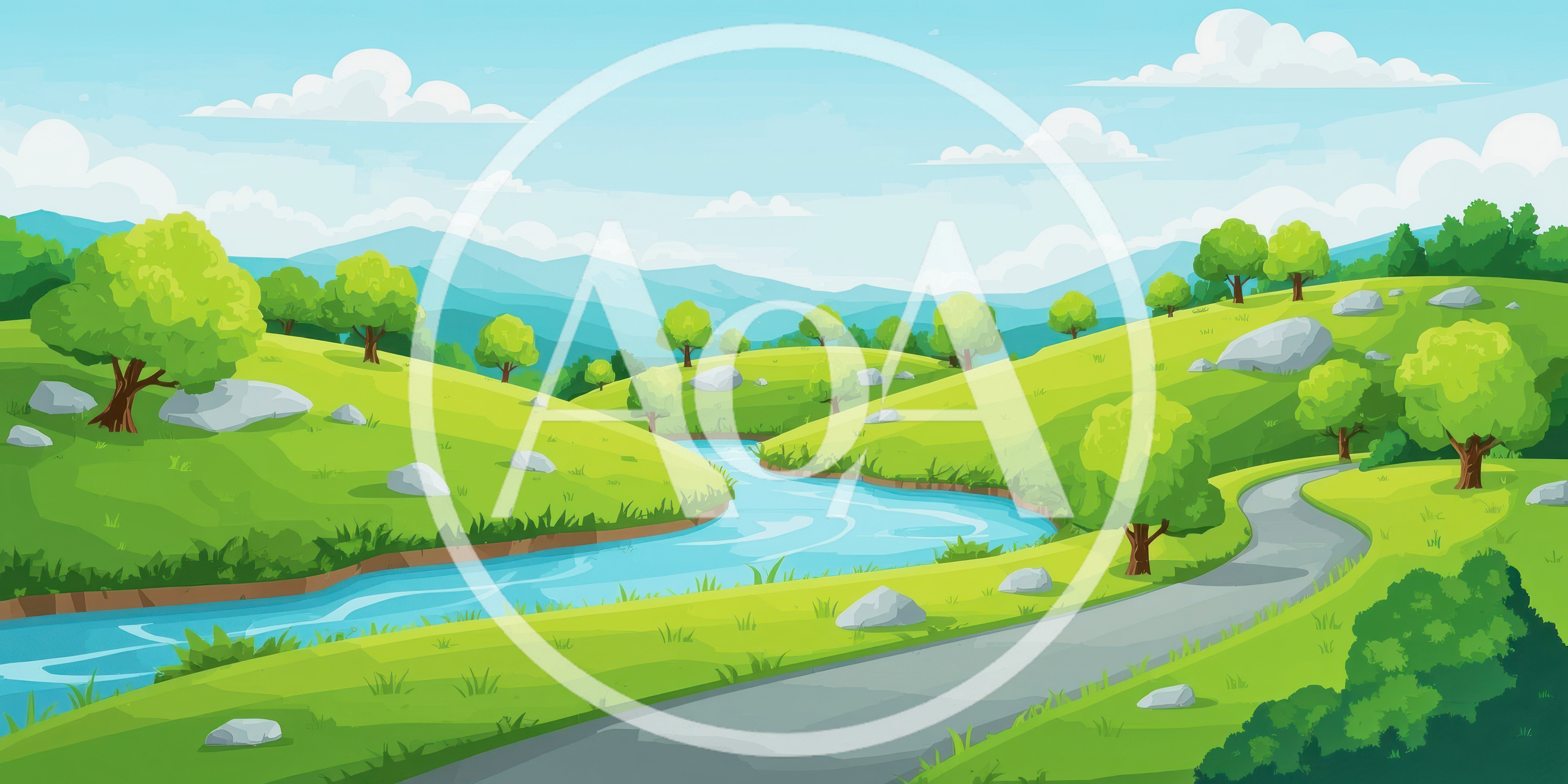 Cartoon Landscape With Winding River And Road