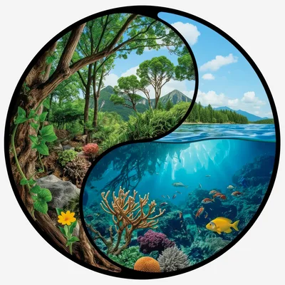 Yin Yang Symbol Featuring Forest And Underwater Ecosystems