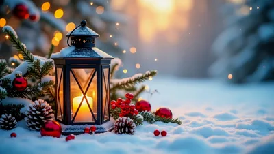 Christmas Lantern With Pine Cones And Ornaments In Snow