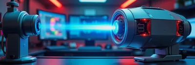 Futuristic Laser Equipment Emitting Blue Light Beam