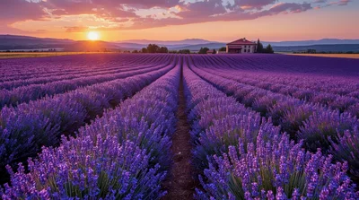 Sunset Over A Vast Lavender Field In Provence