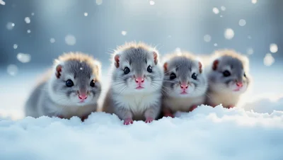 Four Cute Baby Ferrets Sitting In The Snow