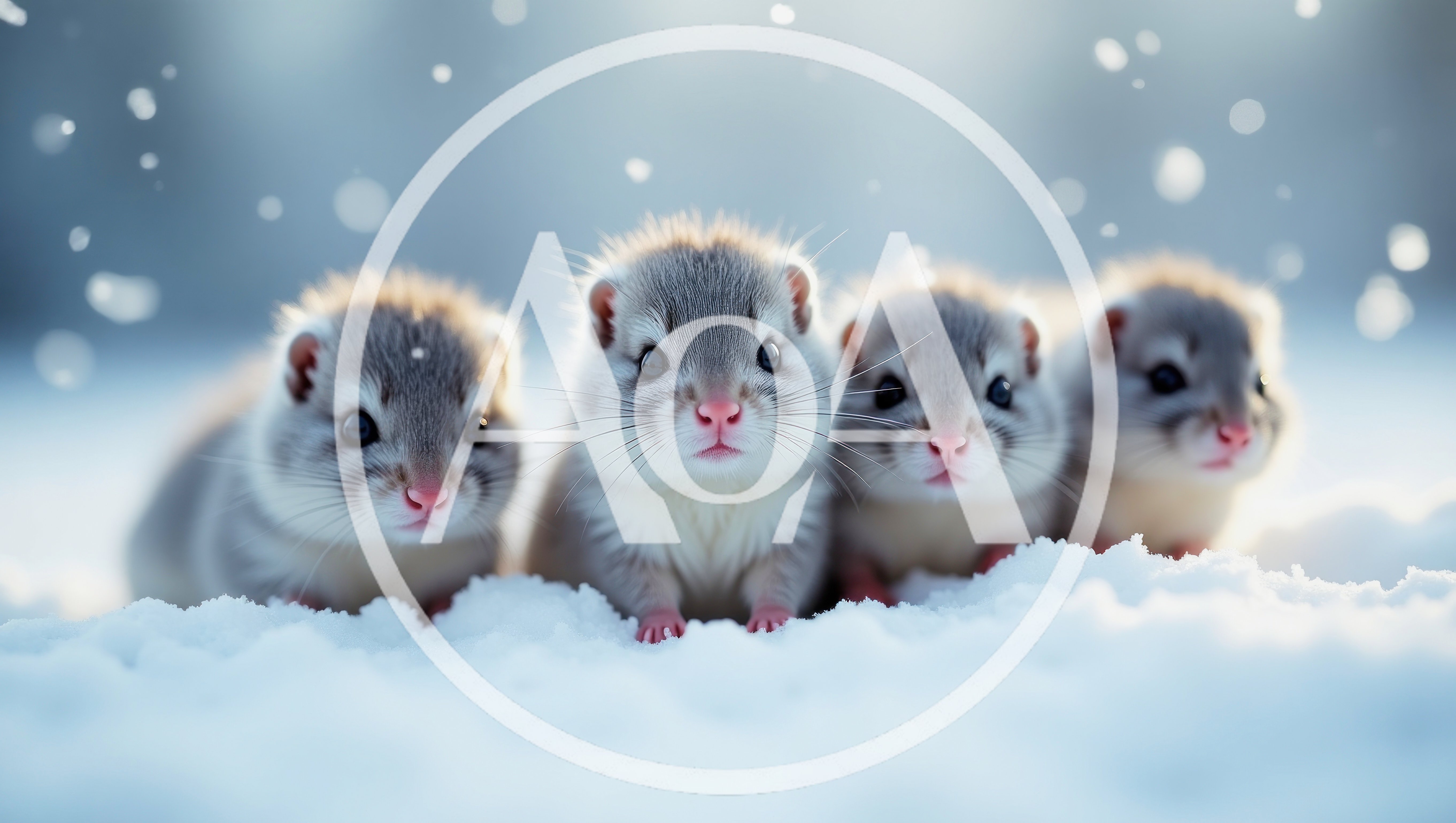 Four Cute Baby Ferrets Sitting In The Snow