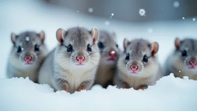 Group of Cute Small Rodents in Snowy Landscape